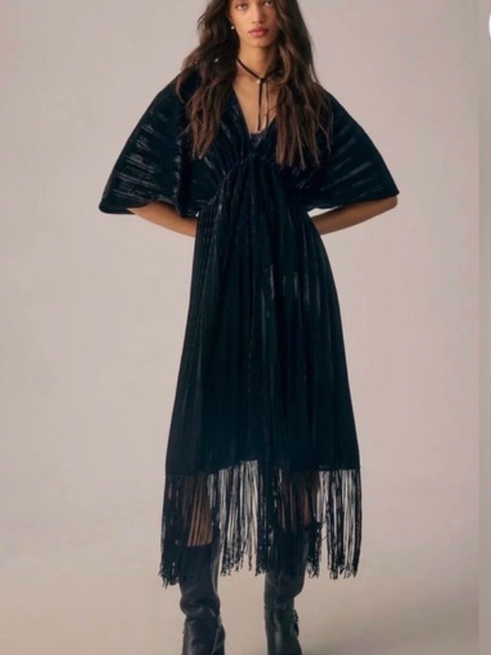 Anthropologie Dress Cape Jacket Emerald Green Velvet Fringe Maxi Dress